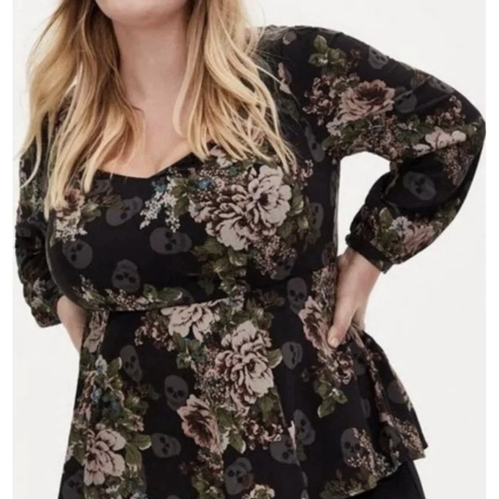 Torrid Black Floral Long Sleeve Skull Peplum Blouse Top